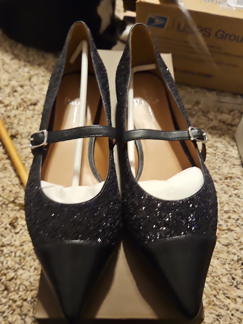 Paolo Black Glitter Pointed Mary Jane Heels